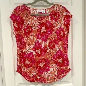 Sigrid Olson Women Linen Floral Pink Orange Short Sleeve Round Neck Top Sz L